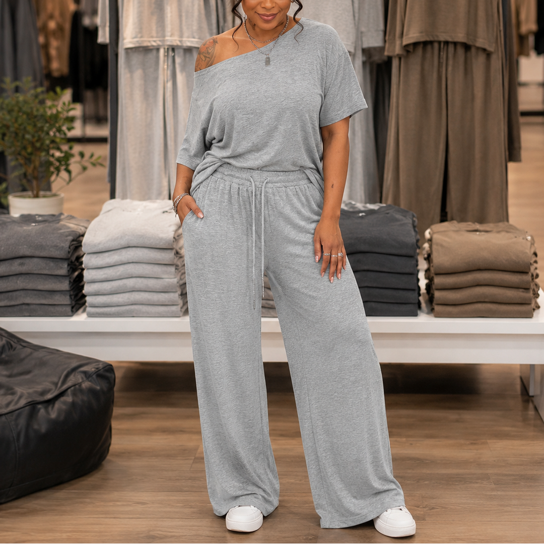 Draperline Off-Shoulder Asymmetrical Top And Wide-Leg Pants Set - Elena Harper