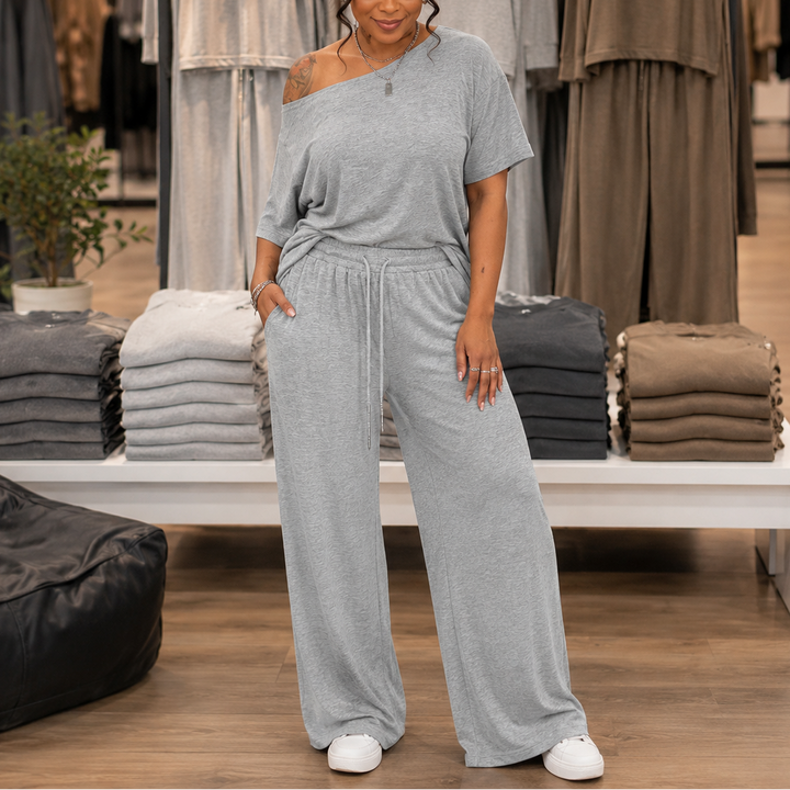 Draperline Off-Shoulder Asymmetrical Top And Wide-Leg Pants Set - Elena Harper