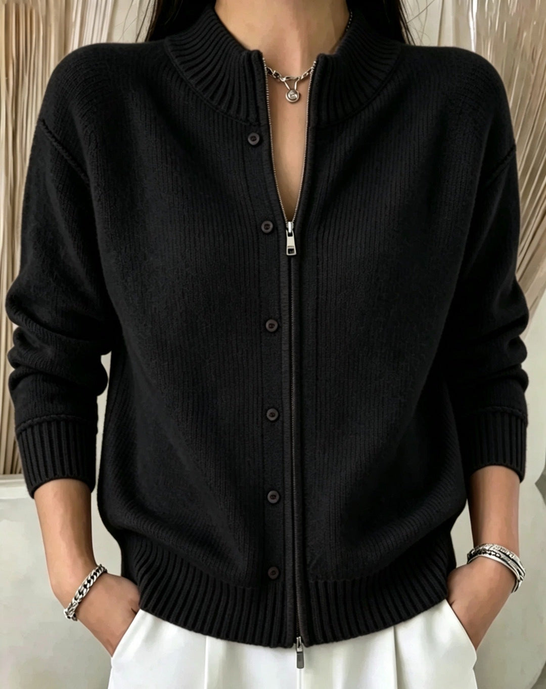 Women's Zip Sweater with Round Neck Soft and Practical - Elena Harper