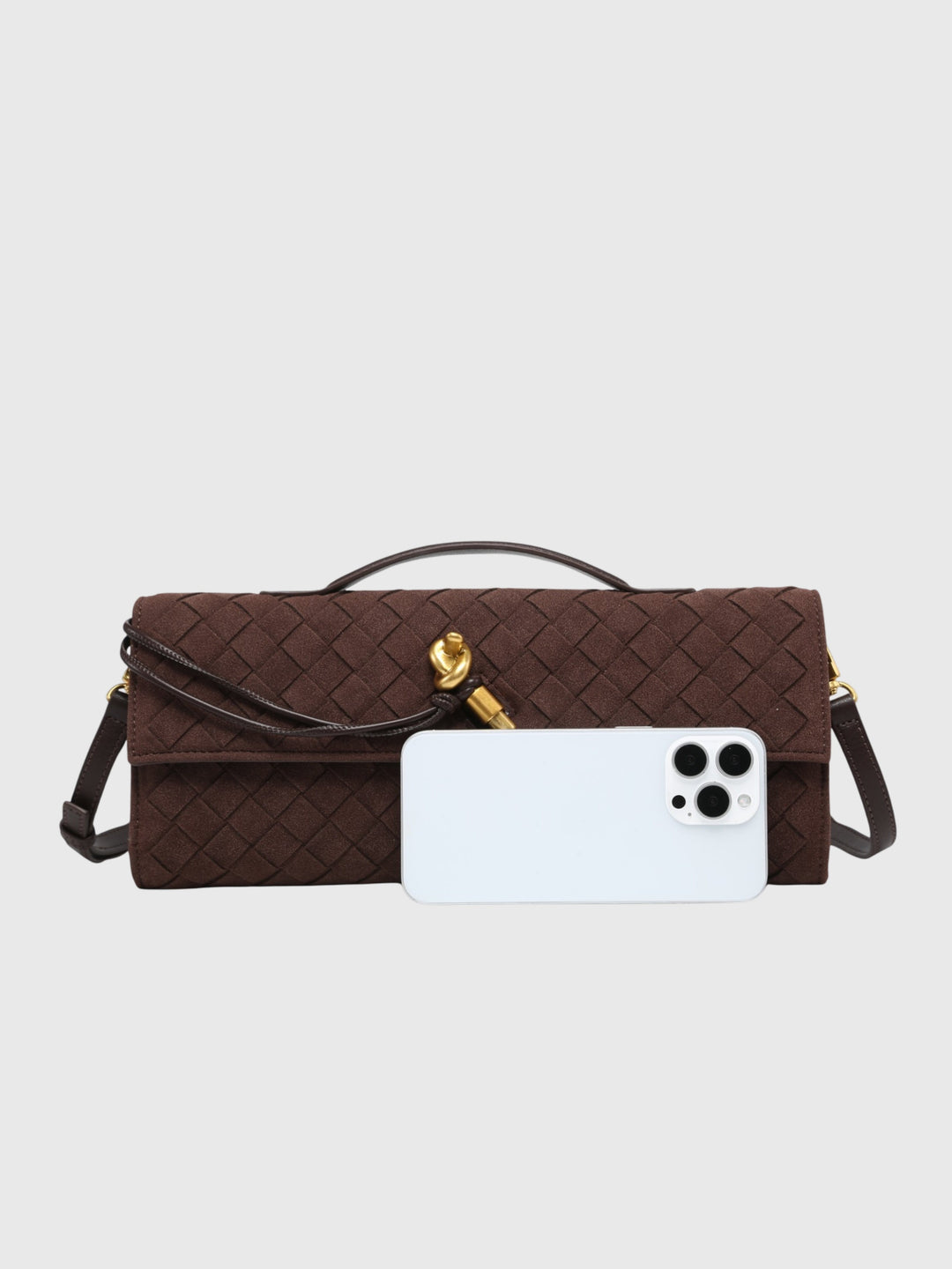 Cherry Luxury Suede Intrecciato Clutch, view 6 - Elena Harper