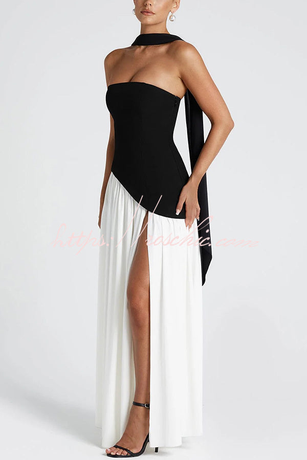 Elegant Off Shopulder Chiffon Pleated Hem Scarf Slit Maxi Dress