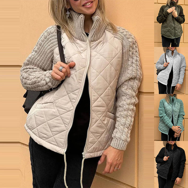 Women’s Padded Jacket with High Collar – Warm Zip-Up Knit Down Jacket