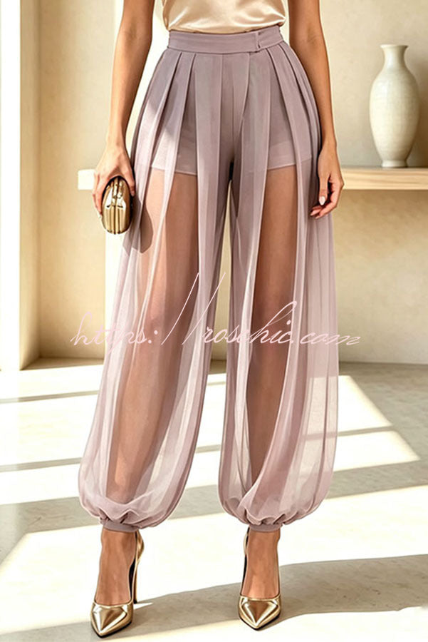 Semi-sheer Mesh Solid Color Mid Rise Patchwork Loose Lantern Pants