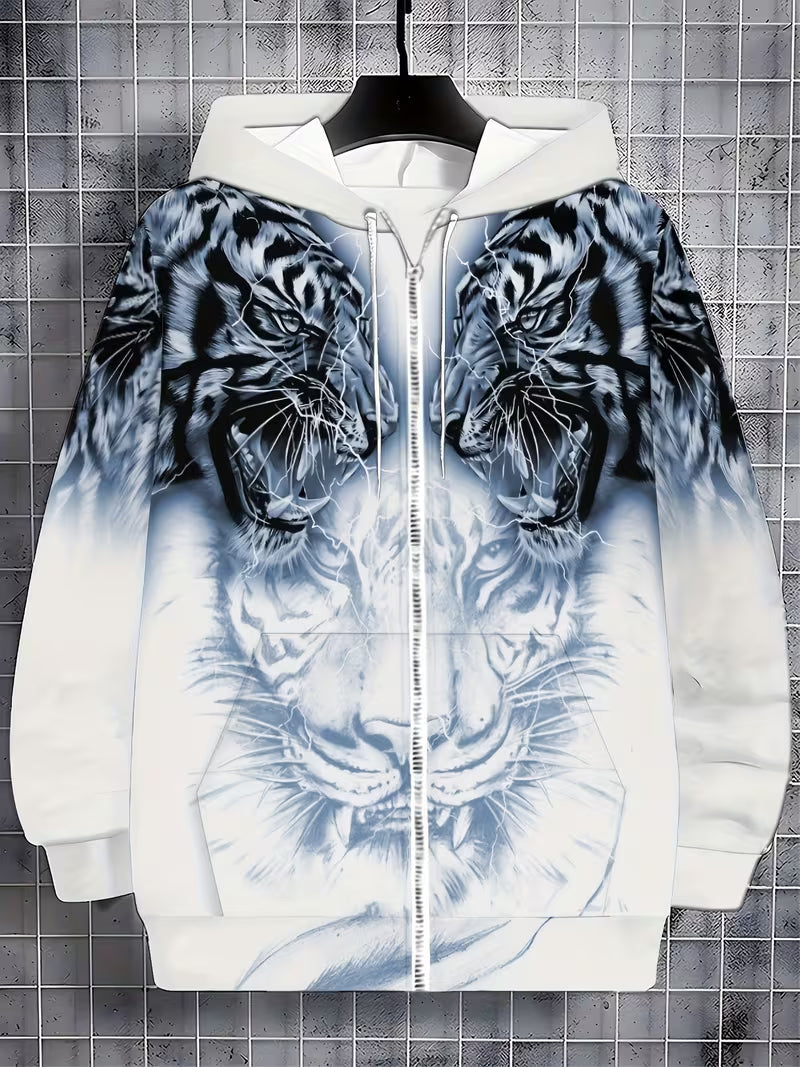 Luciano - Tiger Pattern Hooded Sweatshirt With Zipper