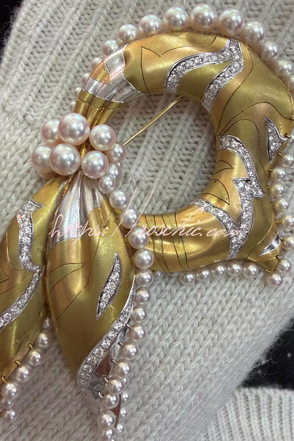 Vintage Silk Scarf and Shell Pearl Brooch
