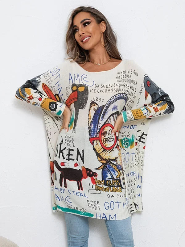 Lunisse Knitted Sweater with Artistic Cartoon Print, view 2 - Elena Harper