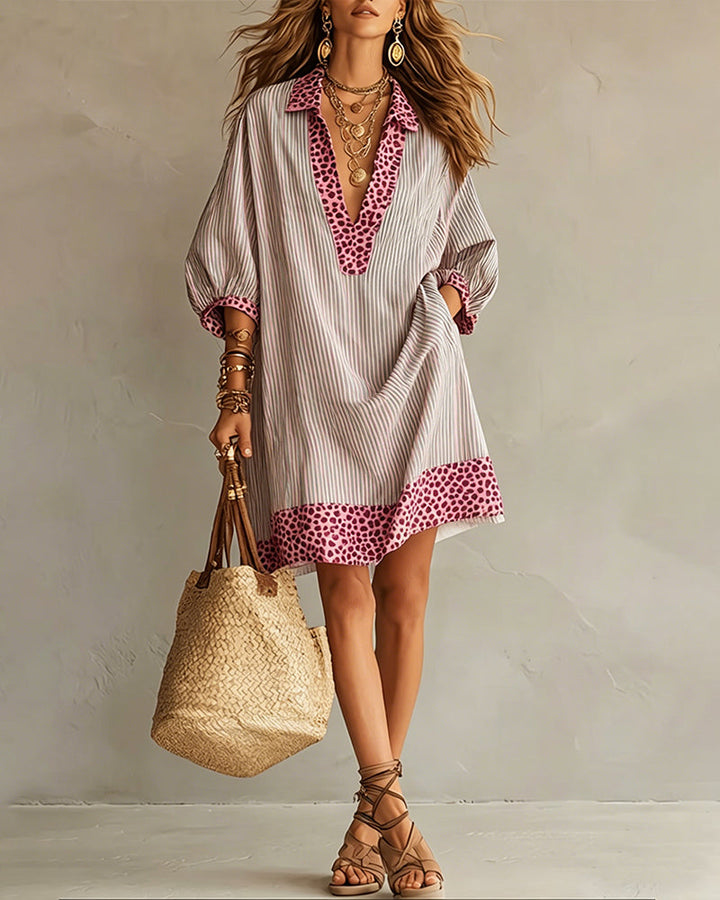 Striped Shirt Dress with Puff Sleeves and Leopard Print Panels