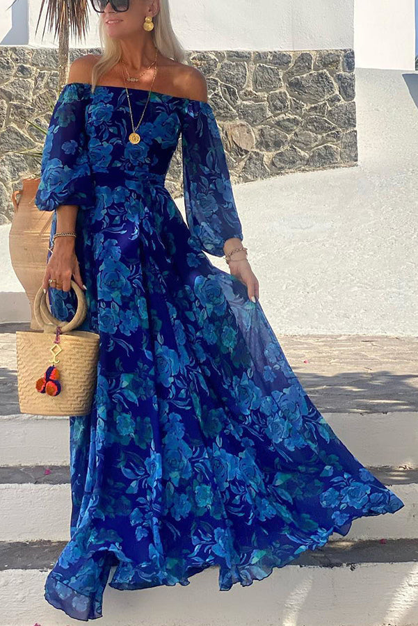 Francesca Long Dress with Floral Print and Off-Shoulder Sleeves, view 2 - Elena Harper