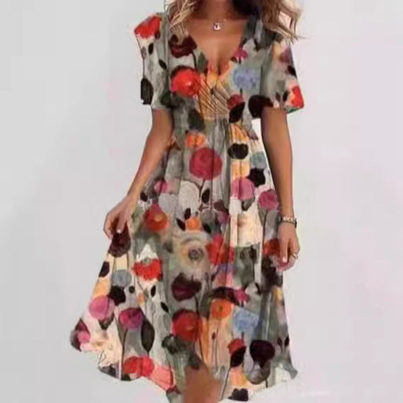 Women's Midi Floral Wrap Dress – A-Line Style with Short Sleeves