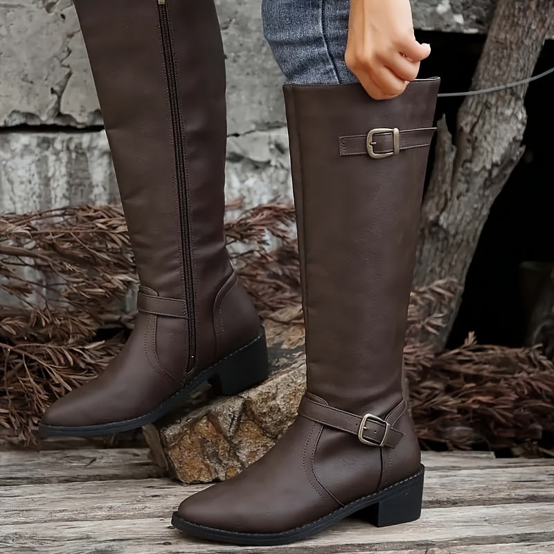 Alicia Elegant Knee-High Boots in Leather Look with Double Buckles, view 6 - Elena Harper