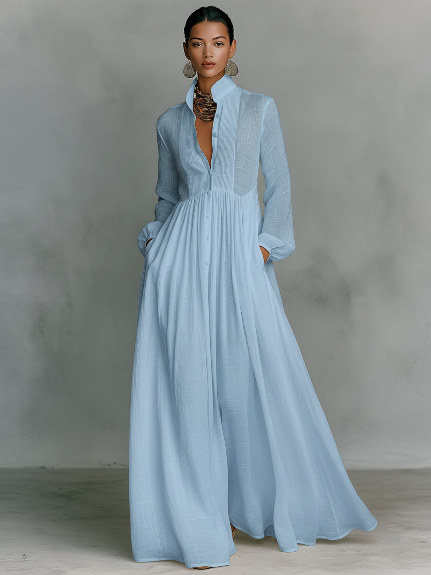 Kinsley - Minimalist Cotton And Linen Patchwork Single-breasted Stand-up Collar Long-sleeved Maxi Dress