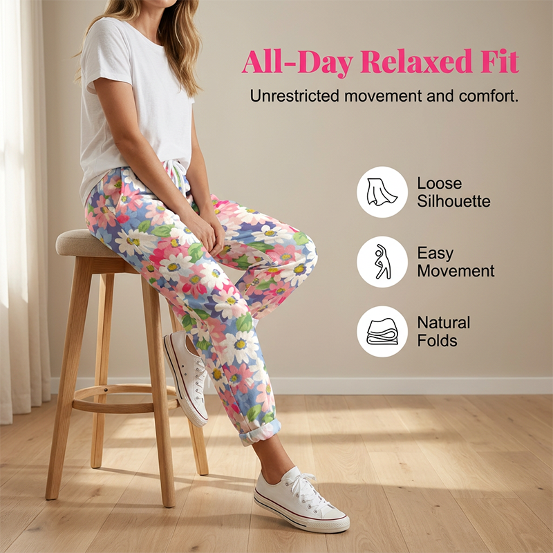 Women's Floral Pants with Adjustable Waist and Convenient Pockets