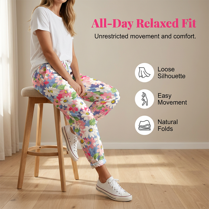 Women's Floral Pants with Adjustable Waist and Convenient Pockets