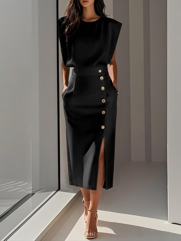 Emma | Ladies Button Detail Sleeveless Midi Dress