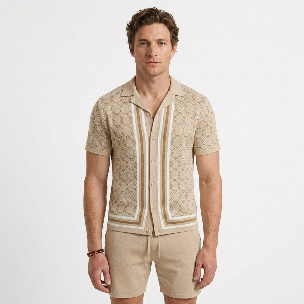 Jacquard Knit Set with Cuban Collar