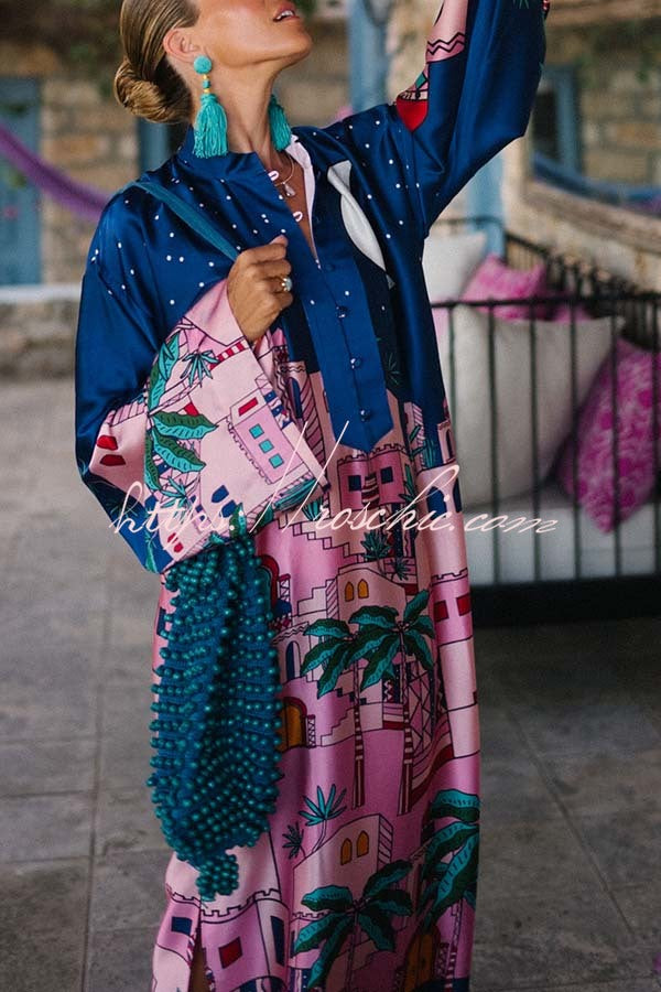 Seaside Stroll Satin Unique Print Button Up Long Sleeve Slit Kaftan Midi Dress