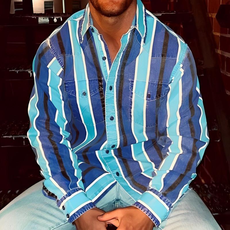Men's Block Striped Shirt - Long Sleeve Casual