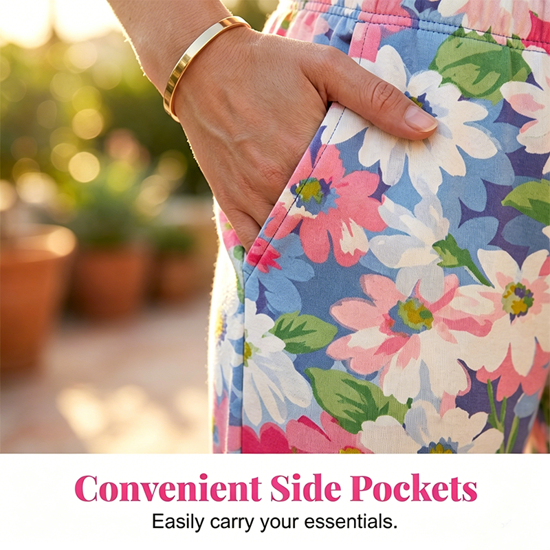 Women's Floral Pants with Adjustable Waist and Convenient Pockets