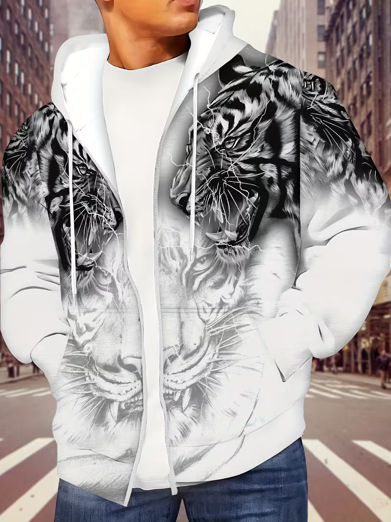 Luciano - Tiger Pattern Hooded Sweatshirt With Zipper