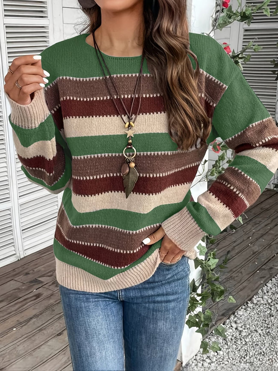 Women's Striped Knit Sweater with Round Neck