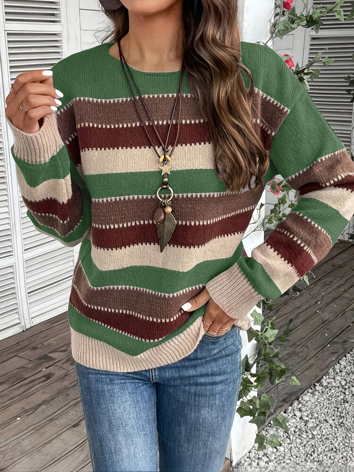 Women's Striped Knit Sweater with Round Neck