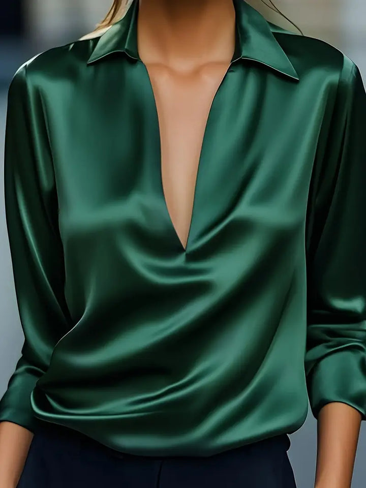 Women's Elegant Collared V-Neck Blouse - Long Sleeve