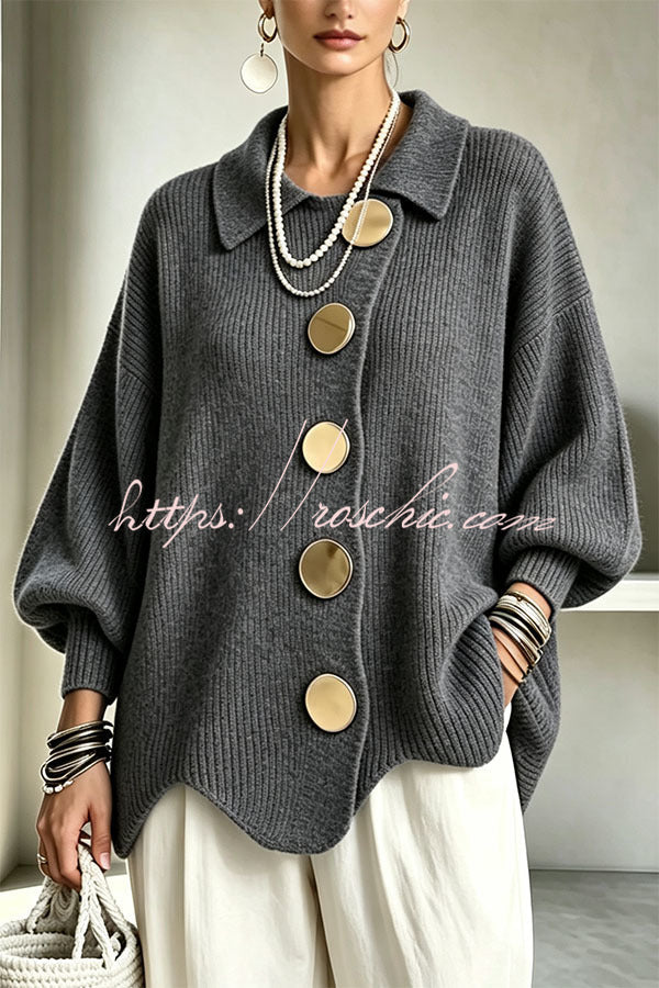Shelia Knit Oversized Metal Buckle Balloon Sleeve Lapel Cardigan (Shipped Within 24 Hours), view 5 - Elena Harper