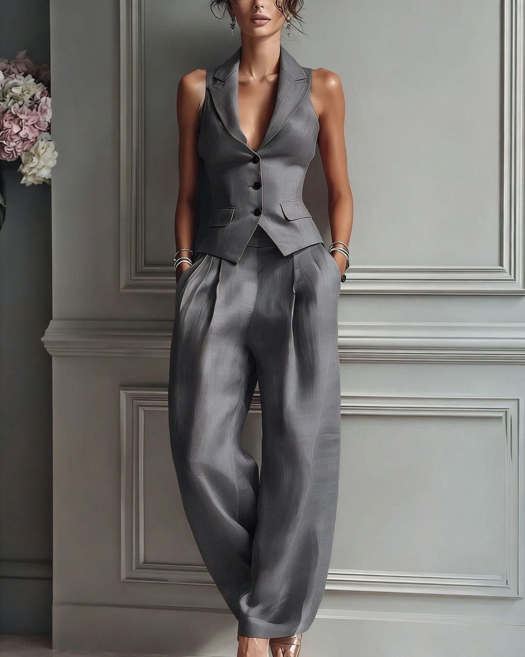 Women's Two-Piece Set with Vest and Straight-Leg Pants – Elegant Outfit