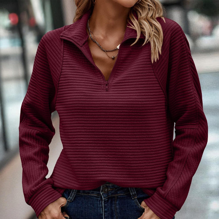 Women's High Neck Zip Pullover Sweatshirt with Long Striped Sleeves