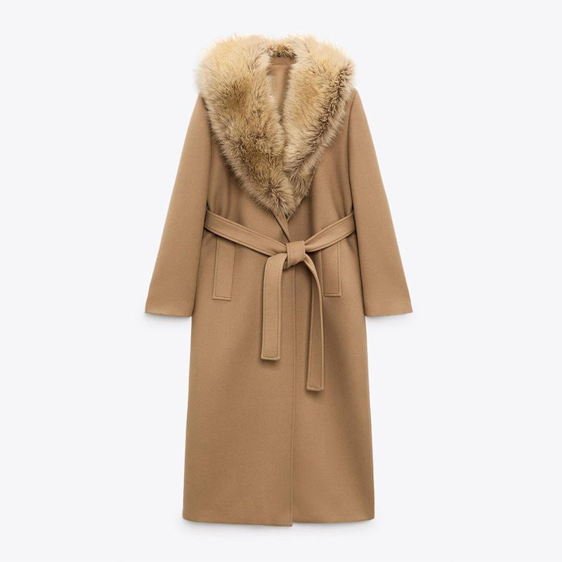 Long women's coat with wrap collar and crossover closure - Eirlys