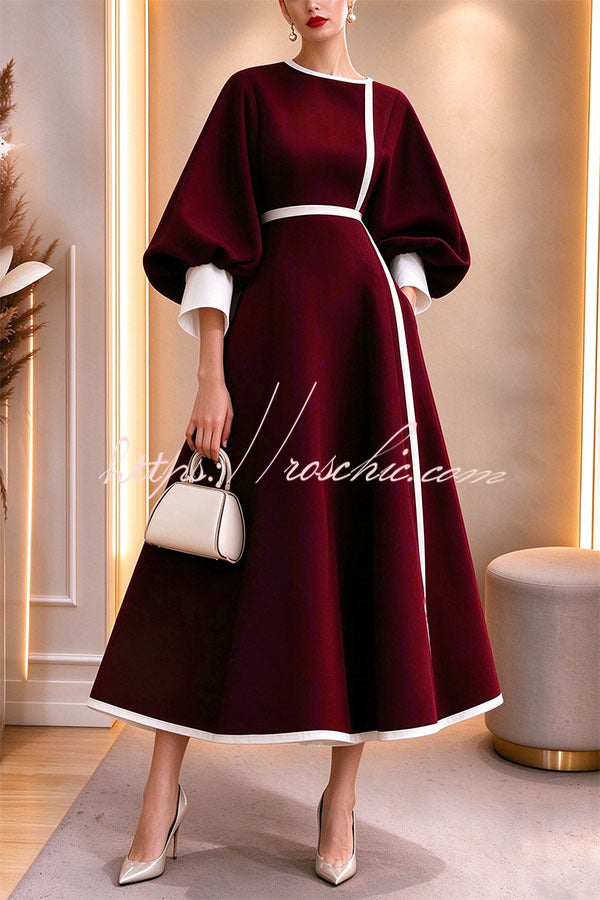 Elegant Color-block Lantern Sleeve Cinched Waist Pocketed Mid Dress