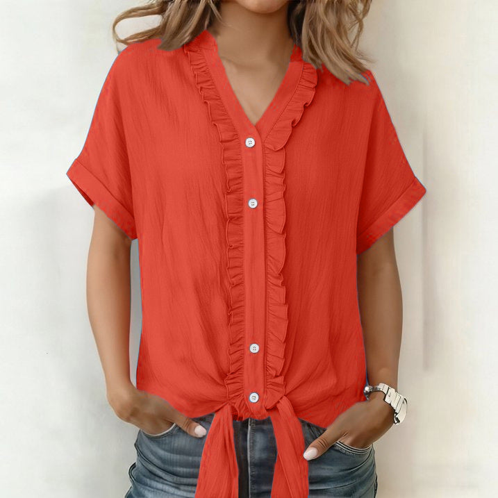 Women's Cotton Buttoned V-Neck Blouse Fluid Cut Summer