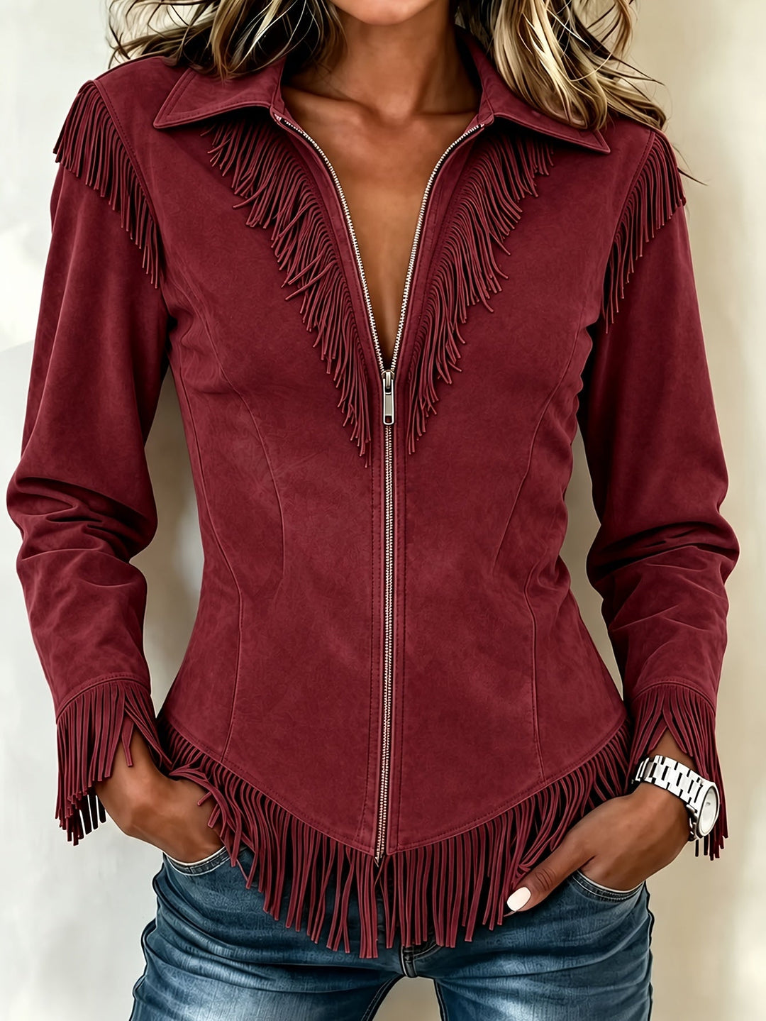 Women's Suede Effect Fringe Coat - Chic and Fitted