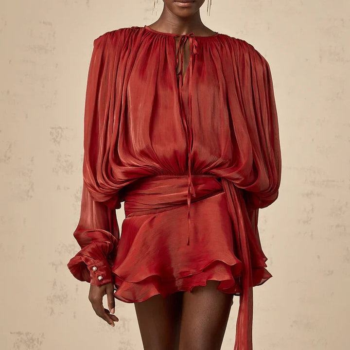 Elegant Red Mini Dress with Ruffles – Pleated with Flowing Sleeves