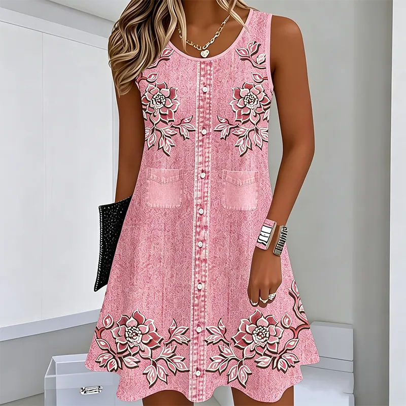 Women's Floral Sleeveless Dress with Front Buttons