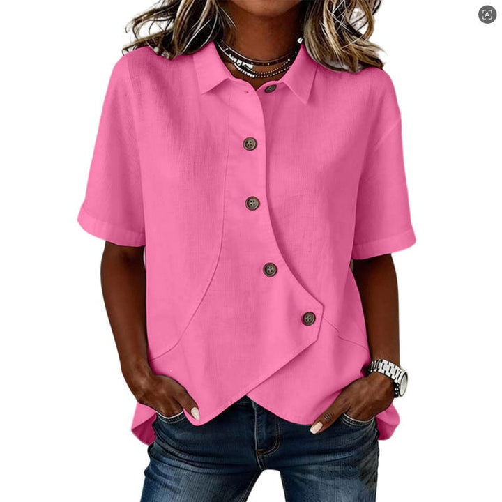 Women's Solid Color Shirt with Asymmetrical Buttoning and Short Sleeves