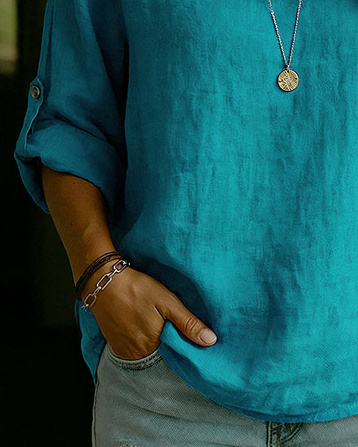 Women's Cotton Blouse with Folded Collar, Long Sleeves, Classic Fit