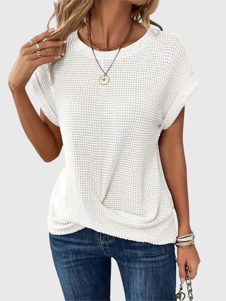 Emma & Rose Cape Town Isa™ elegant blouse with crew neck, featuring soft fabric and stylish design, perfect for casual or office wear.