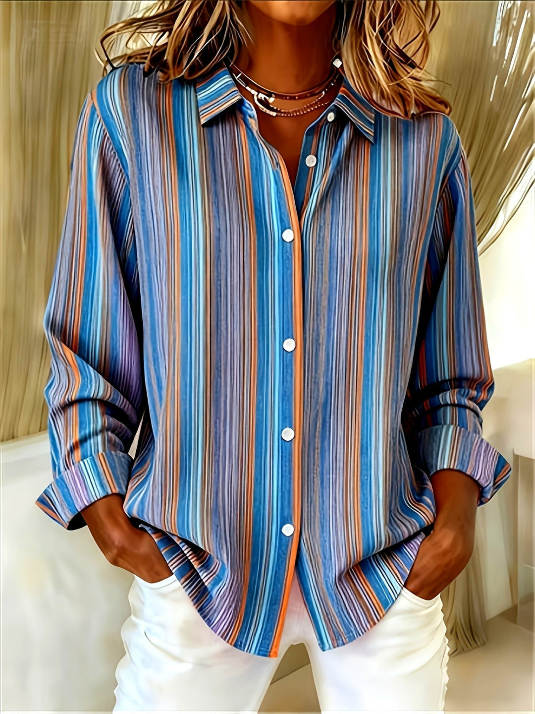 Women's Striped Long Sleeve Button-Up Casual Fit Shirt