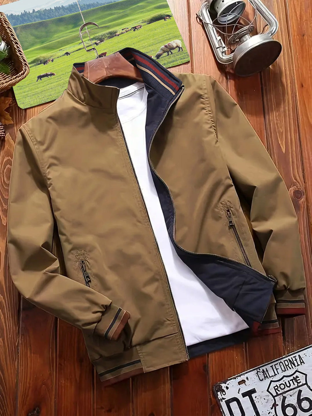 Men's Sport Jacket with High Collar and Reversible Design