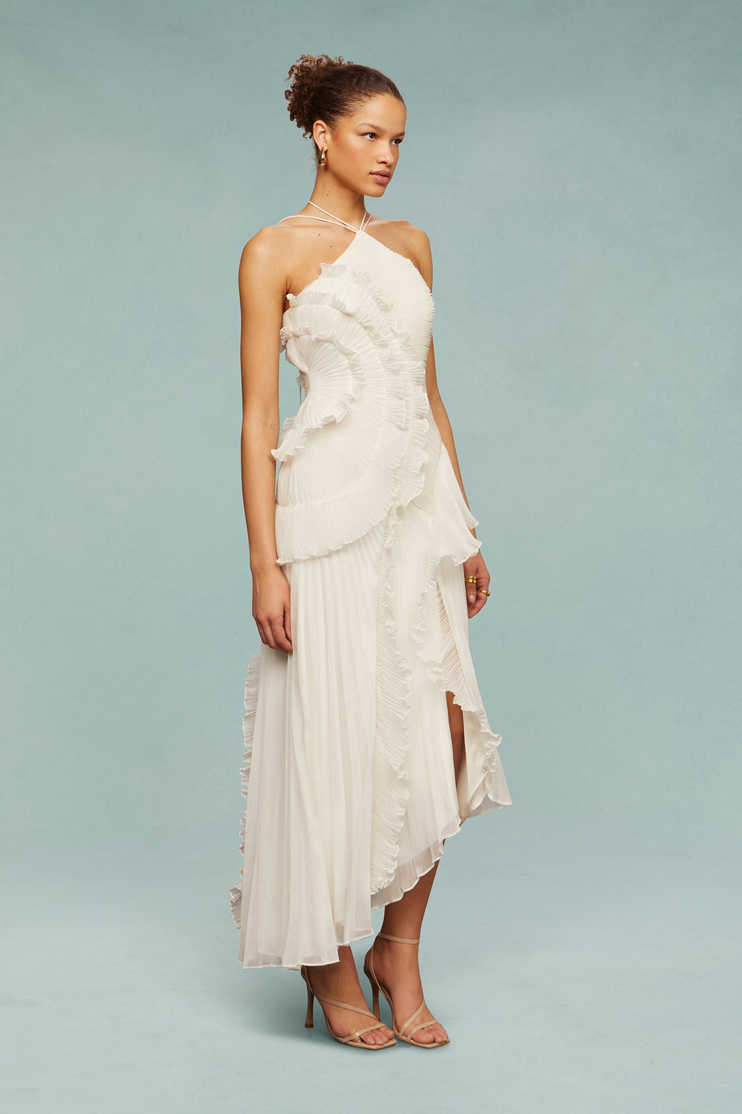 Elegant Asymmetrical Ruffled Long Pleated Dress for Women