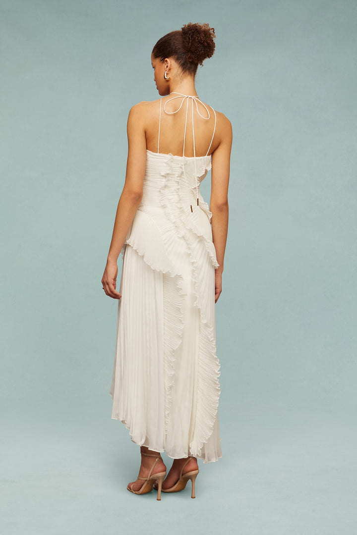 Elegant Asymmetrical Ruffled Long Pleated Dress for Women