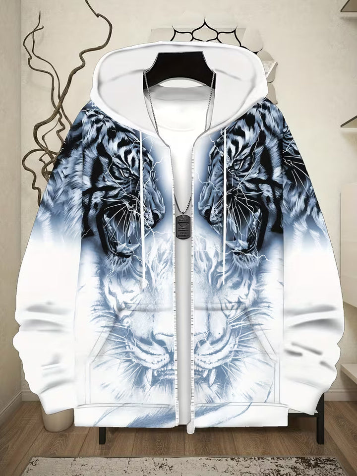 Luciano - Tiger Pattern Hooded Sweatshirt With Zipper