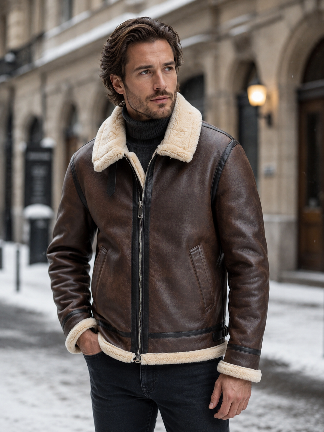 Men's Aviator Jacket Montarello Leather Look Lined with Sheepskin