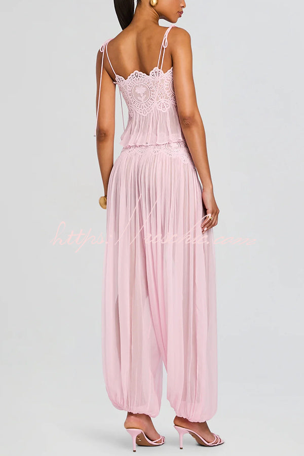 Dreamy Crinkle Chiffon Lace Trim Tank and High Rise Loose Lantern Pants Set