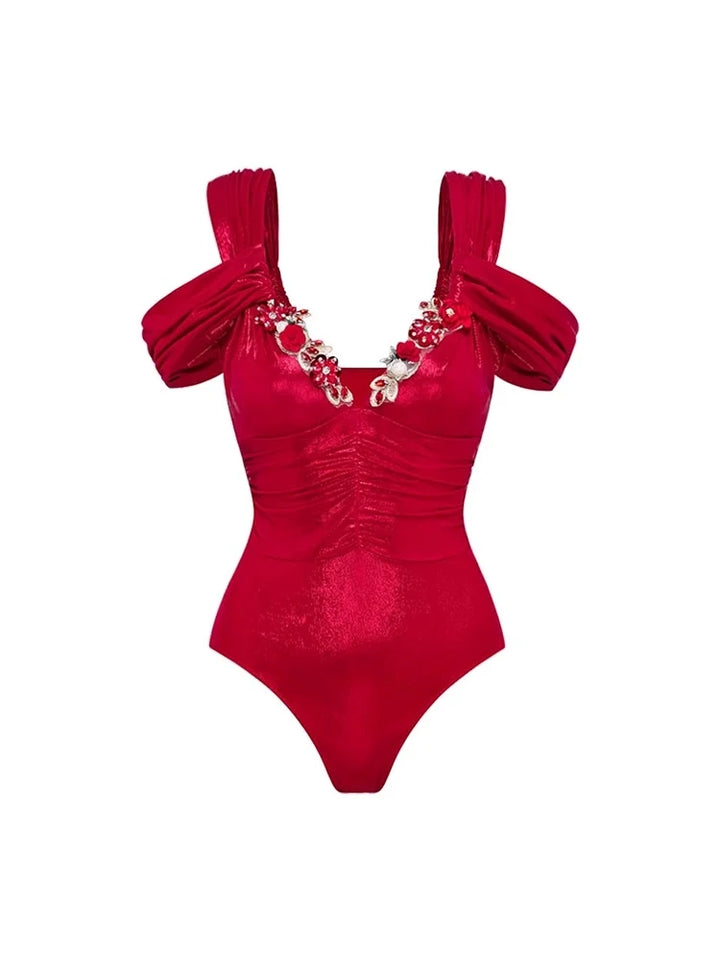 Red Glossy One-Piece with 3D Butterfly
