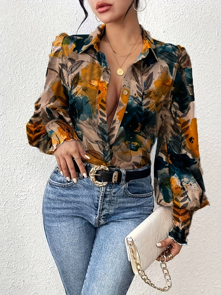 Floral Print Lapel Collar Women's Blouse Sustainable Must-Have Stylish & Comfortable Spring/Summer/Fall, view 2 - Elena Harper