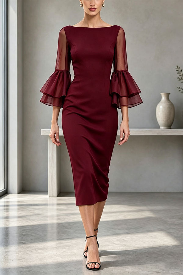 Formal Boat Neck Sheer Double Layer Bell Sleeve Bodycon Midi Dress