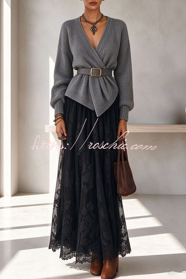 Exquisite Lace High Rise Elastic Waist A-line Maxi Skirt