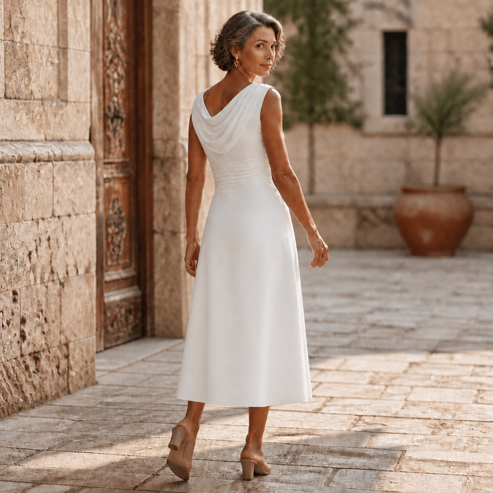 Draperie Draped-Neck Pleated A-Line Wedding Guest Dress - Elena Harper
